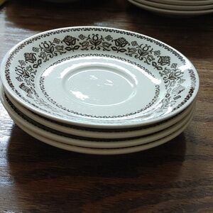 4 Saucers Vtg Royal Wellesley Folkart Flower Brown & Ivory
